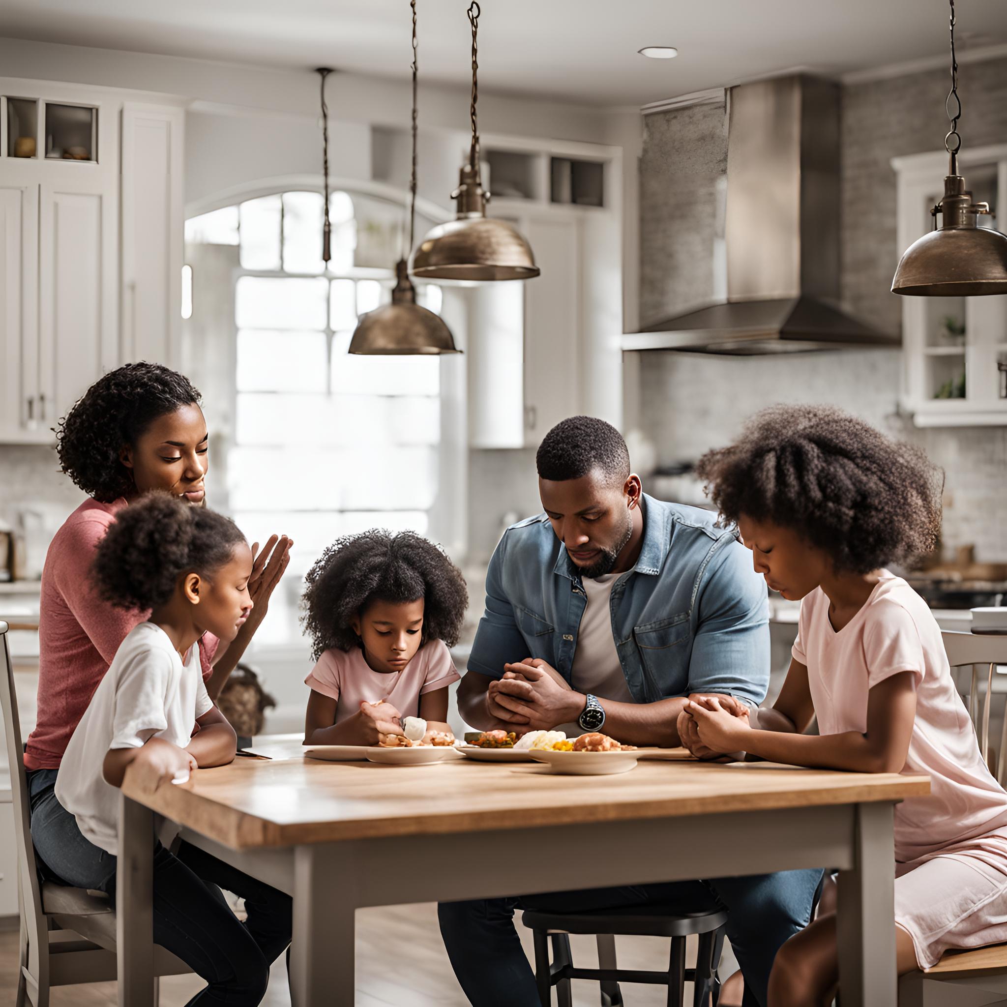 A man is praying with his family of wife teenage son and twin daughters in the kitchen sitting at the table